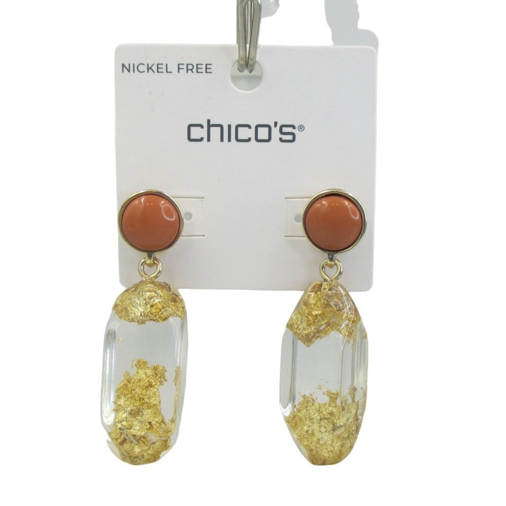 Chico's No Droop™ Lucite Gold Foil Earrings NWT Neutral Earthcore Unique - Picture 3 of 9